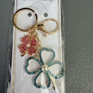 Rhinestone Clover Bag Charm Keychain Gold Pink Blue Lucky Charm